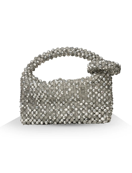 Unique, handmade silver shimmer beaded handbag on a white background, front view