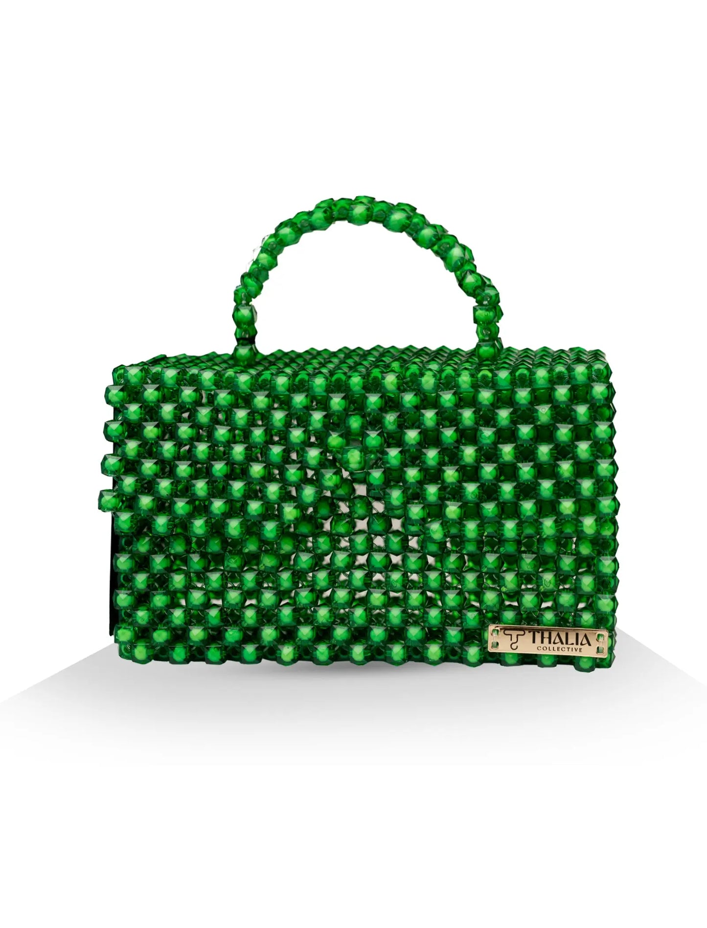 Unique, handmade green beaded handbag on a white background, front view