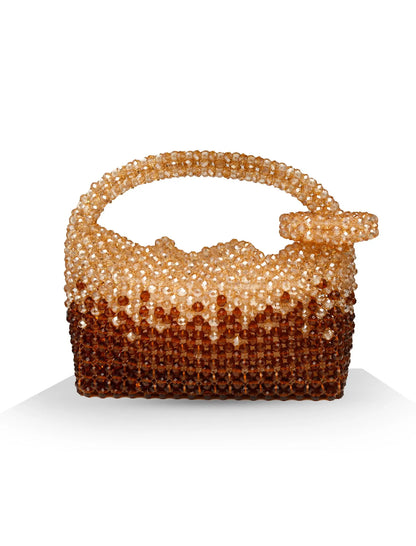 Unique, handmade beaded handbag with gradient colour from beige to brown on a white background, front view
