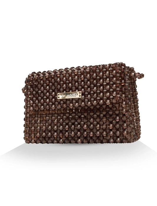 Unique, handmade brown beaded shoulder/clutch bag on a white background, front/side view